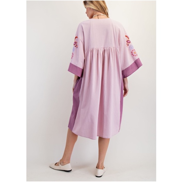 Easel Lilac Floral Embroidered V neck Loose Fit Cotton Dress - Picture 4 of 5